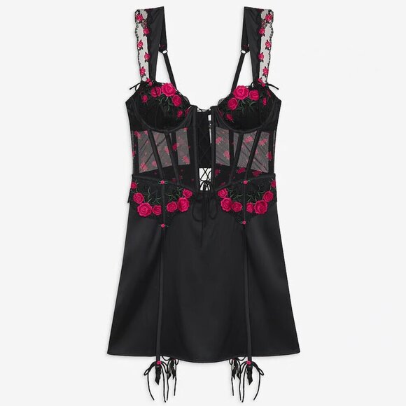 New! For Love & Lemons Roja Black Pink Rose Embroidered Slip Dress 10432 - Picture 2 of 9